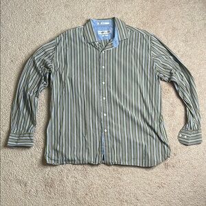 Henry Grethel Green and Blue Striped Casual Button Down Shirt